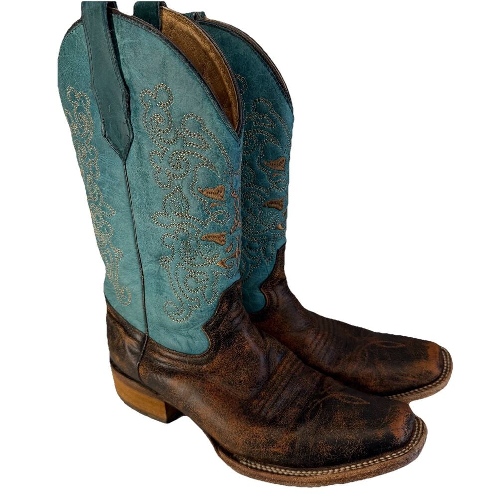 Circle G Western Boots Womens 9.5M Brown Turquoise Embroidered Square Toe